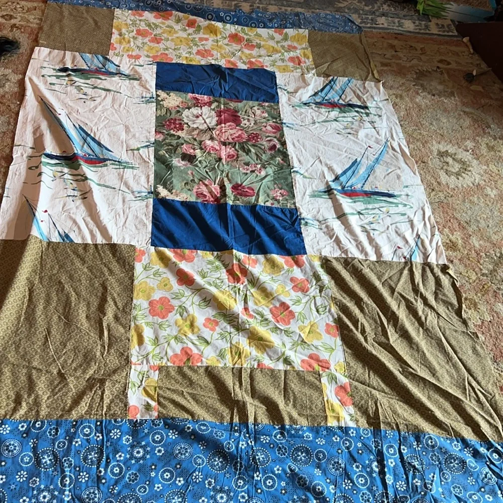 MCM handmade Quilt top unfinished sailing boats 54” x 92”